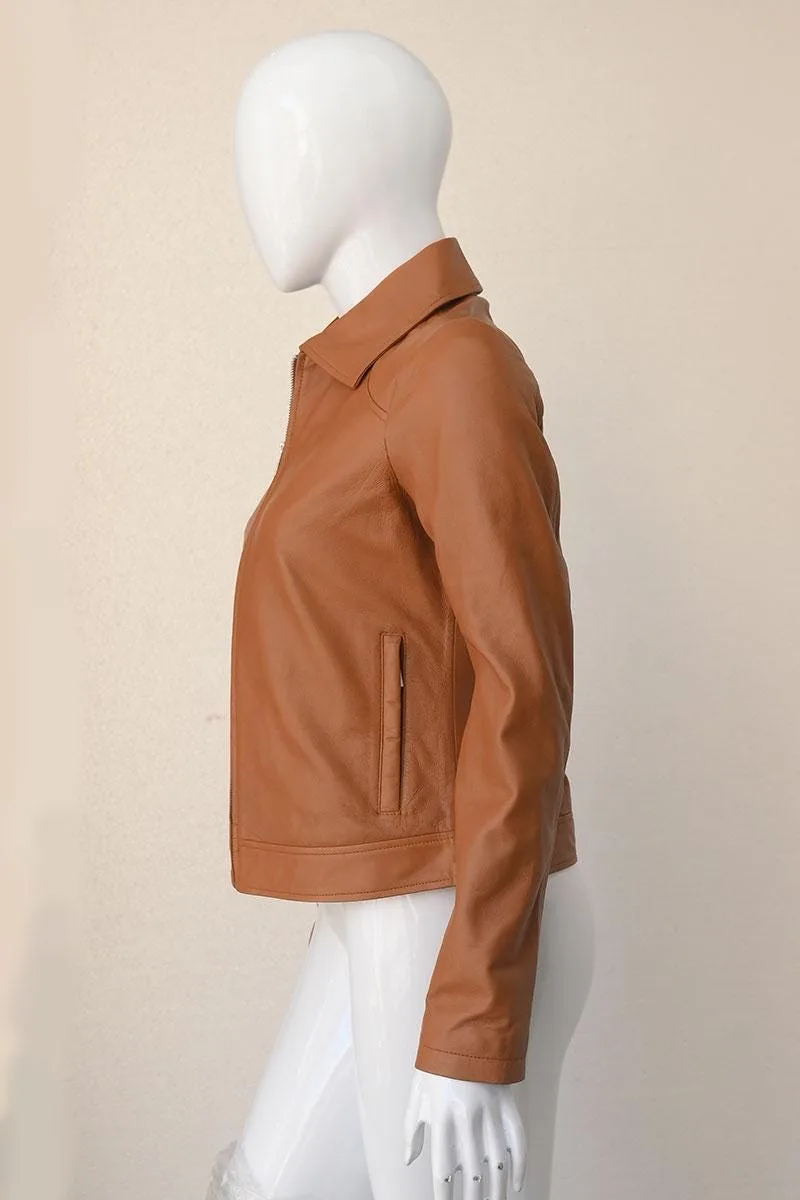 Women's Brown Leather Jacket - Fitted Cognac Tan Moto Biker Zip Up Jacket