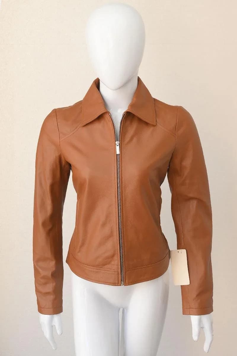 Women's Brown Leather Jacket - Fitted Cognac Tan Moto Biker Zip Up Jacket