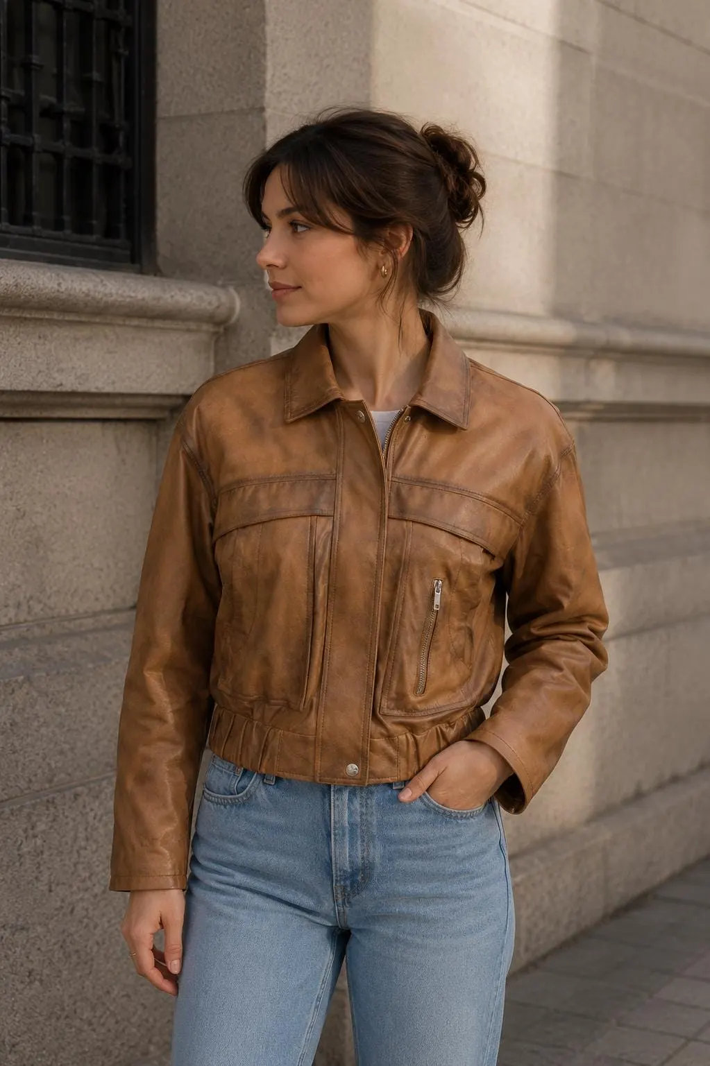 Women's Cropped Leather Jacket — Black & Brown Vintage Style