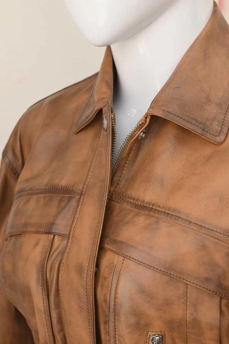Women's Cropped Leather Jacket — Black & Brown Vintage Style