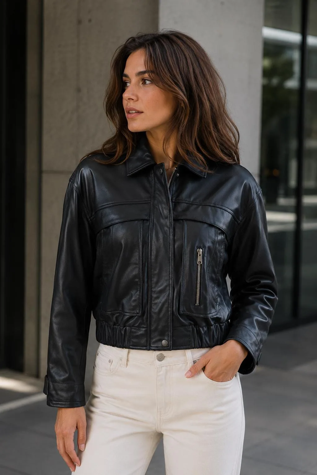 Women's Cropped Leather Jacket — Black & Brown Vintage Style