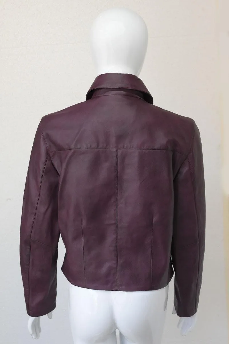Women's Leather Blazer Jacket — Burgundy & Beige