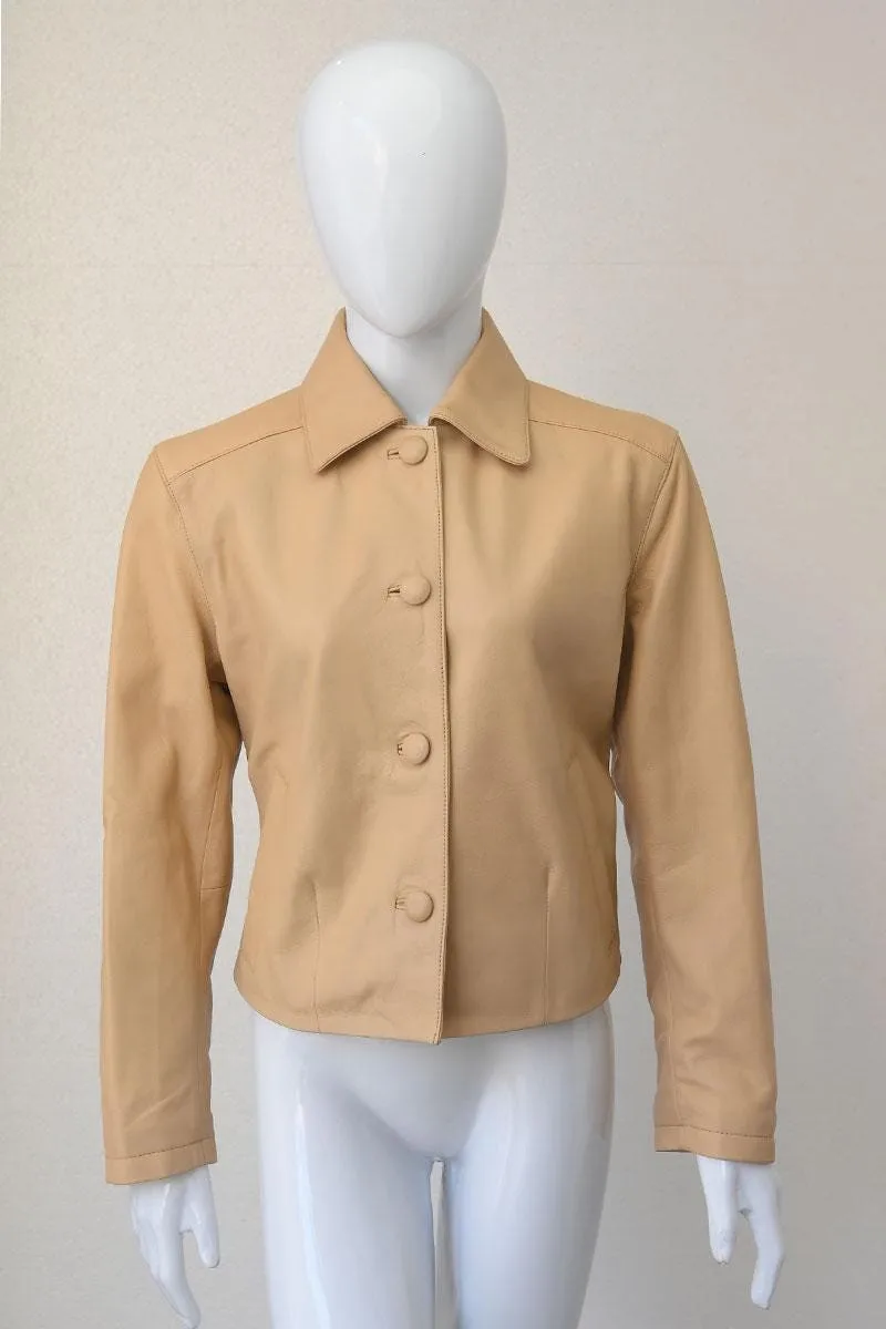 Women's Leather Blazer Jacket — Burgundy & Beige