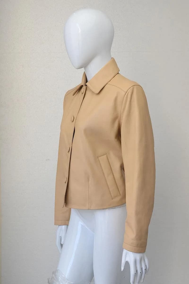 Women's Leather Blazer Jacket — Burgundy & Beige