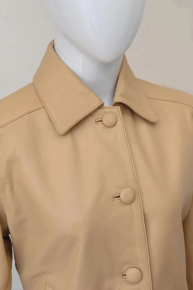 Women's Leather Blazer Jacket — Burgundy & Beige