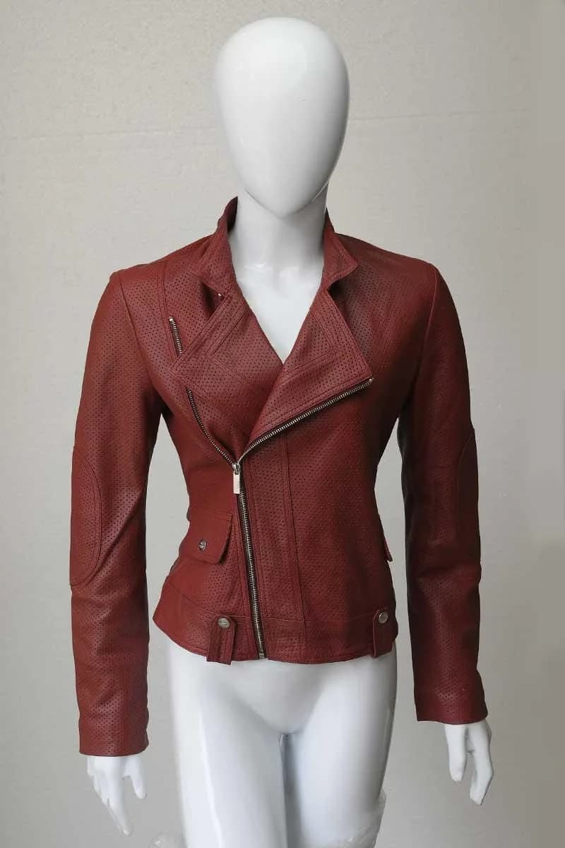 Women's Red Perforated Leather Biker Jacket | Handmade Moto Streetwear Coat