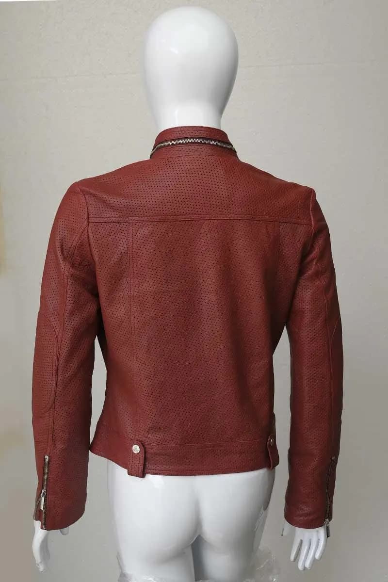 Women's Red Perforated Leather Biker Jacket | Handmade Moto Streetwear Coat