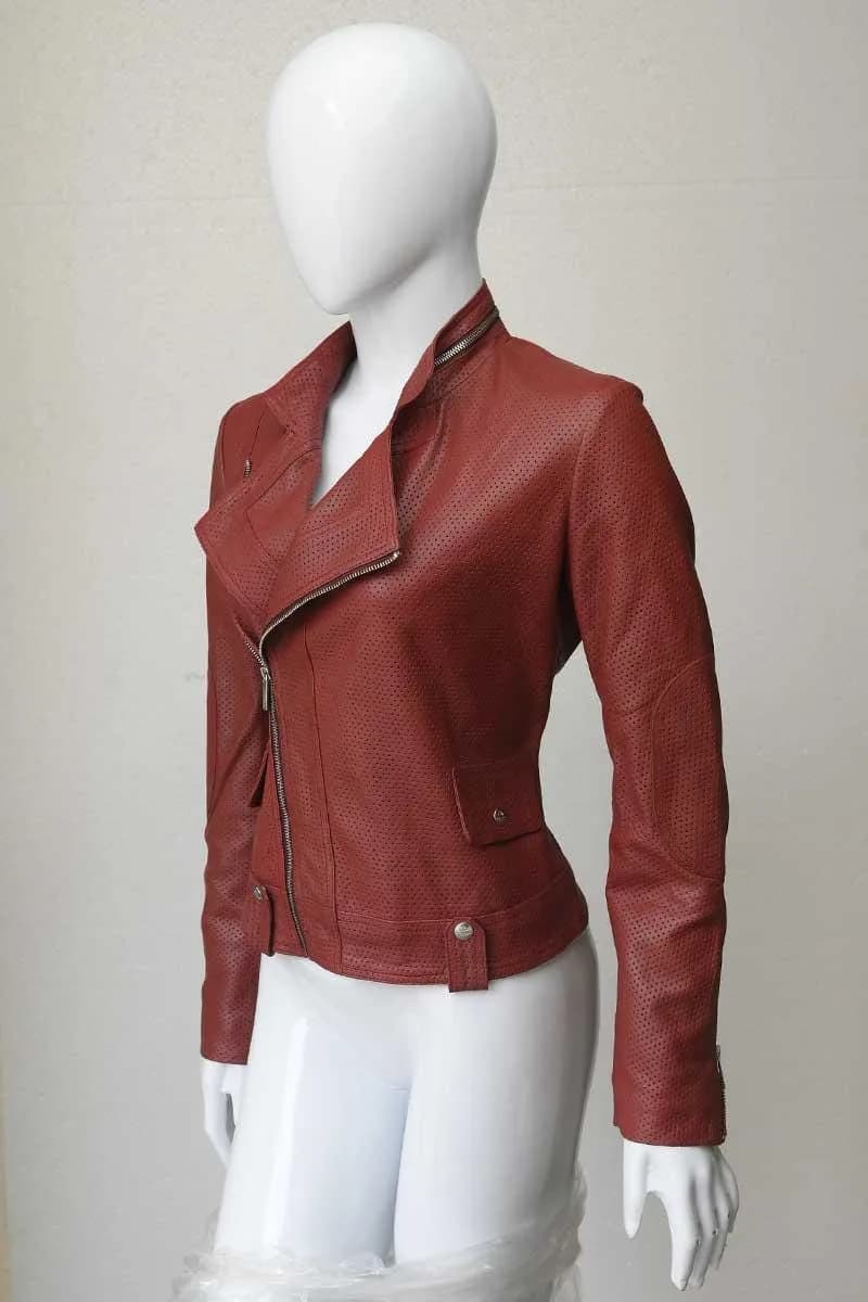 Women's Red Perforated Leather Biker Jacket | Handmade Moto Streetwear Coat