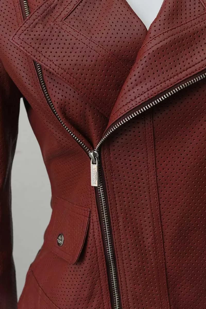 Women's Red Perforated Leather Biker Jacket | Handmade Moto Streetwear Coat