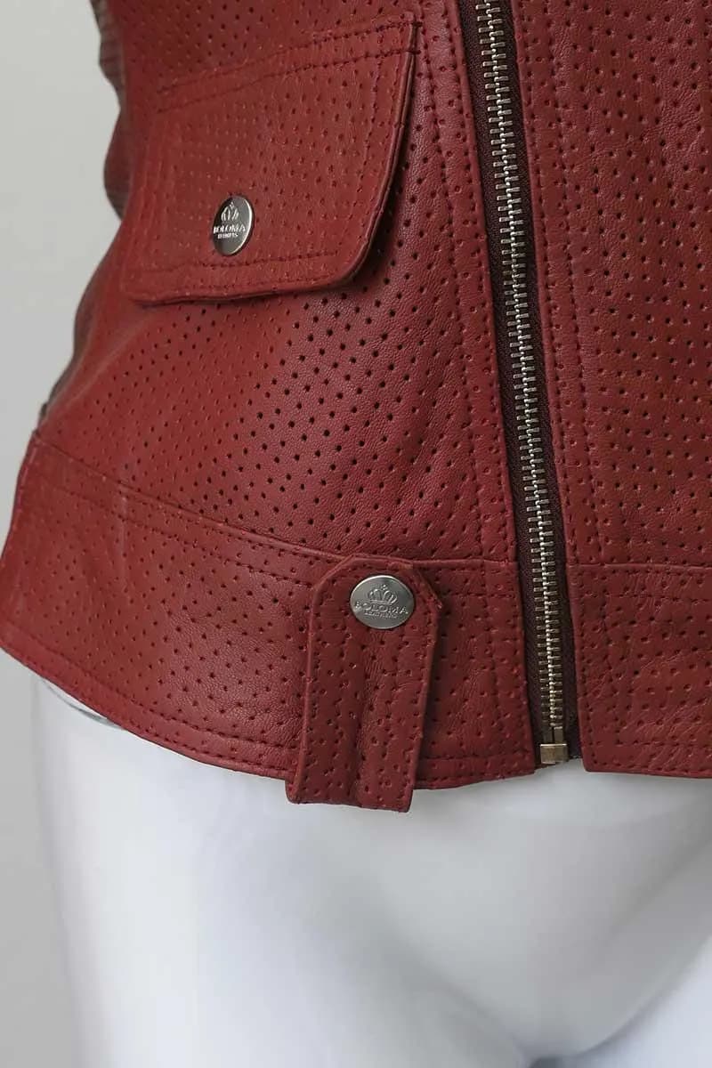 Women's Red Perforated Leather Biker Jacket | Handmade Moto Streetwear Coat
