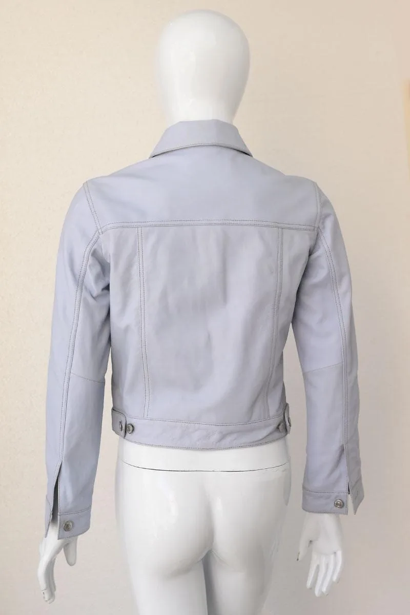 Women's Slim Fit Leather Biker Jacket — Black, Light Blue, Steel Blue
