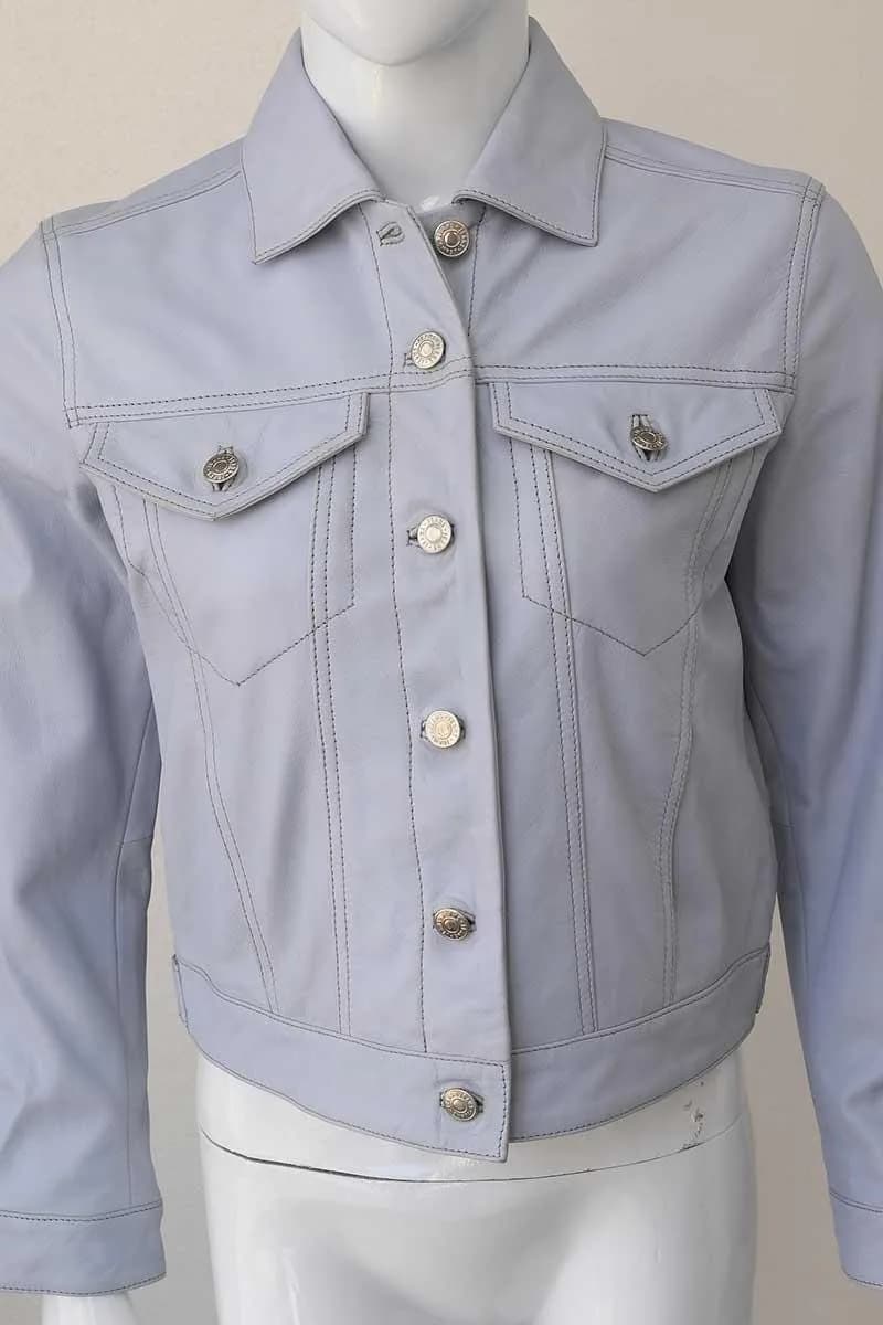 Women's Slim Fit Leather Biker Jacket — Black, Light Blue, Steel Blue