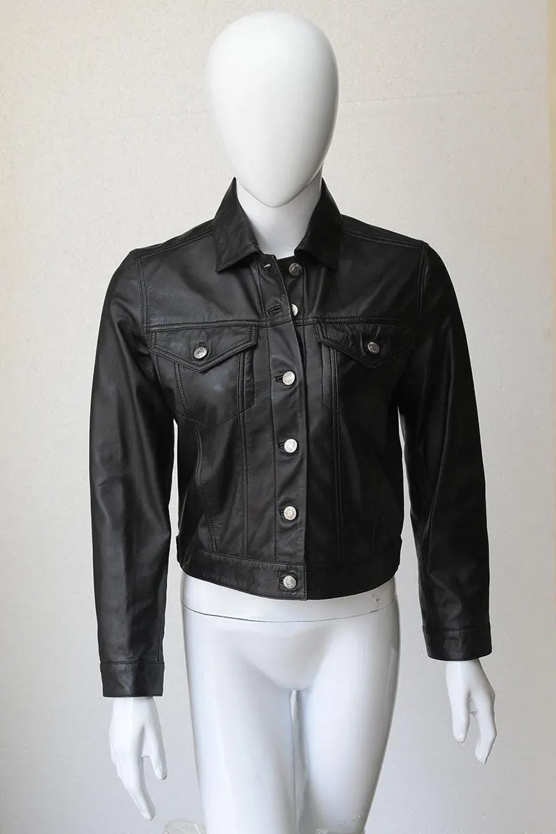 Women's Slim Fit Leather Biker Jacket — Black, Light Blue, Steel Blue