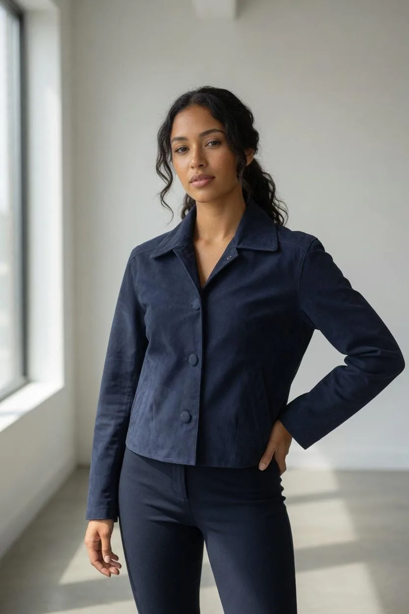 Women's Suede Leather Cropped Jacket | Minimalist Button Front Coat