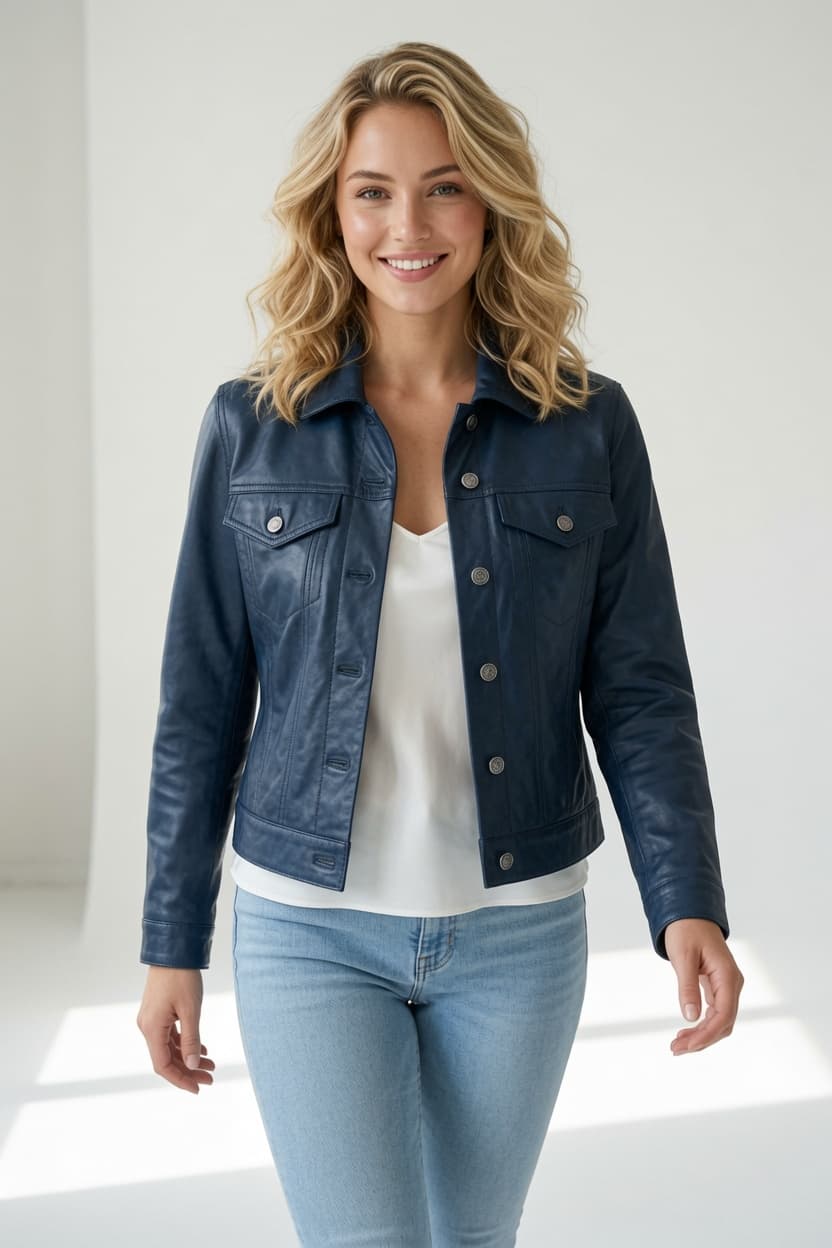 Women's Slim Fit Leather Biker Jacket — Black, Light Blue, Steel Blue