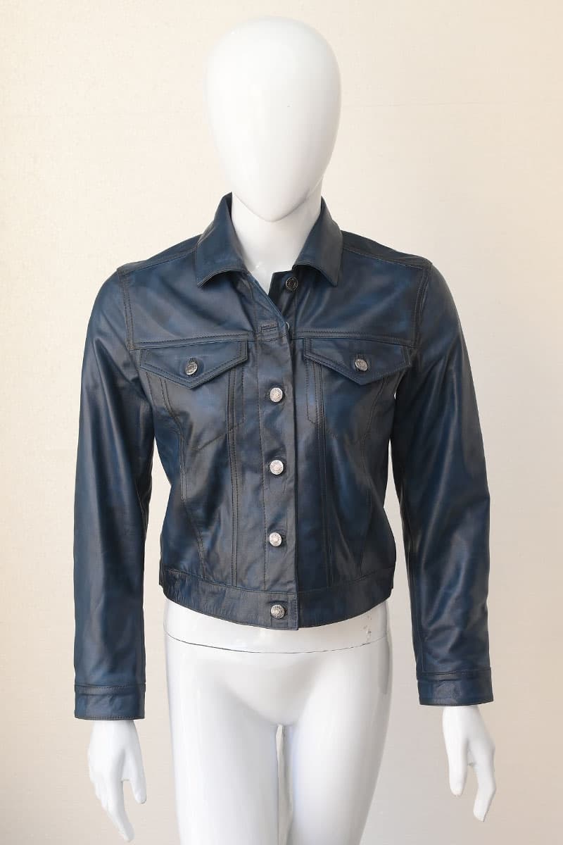 Women's Slim Fit Leather Biker Jacket — Black, Light Blue, Steel Blue
