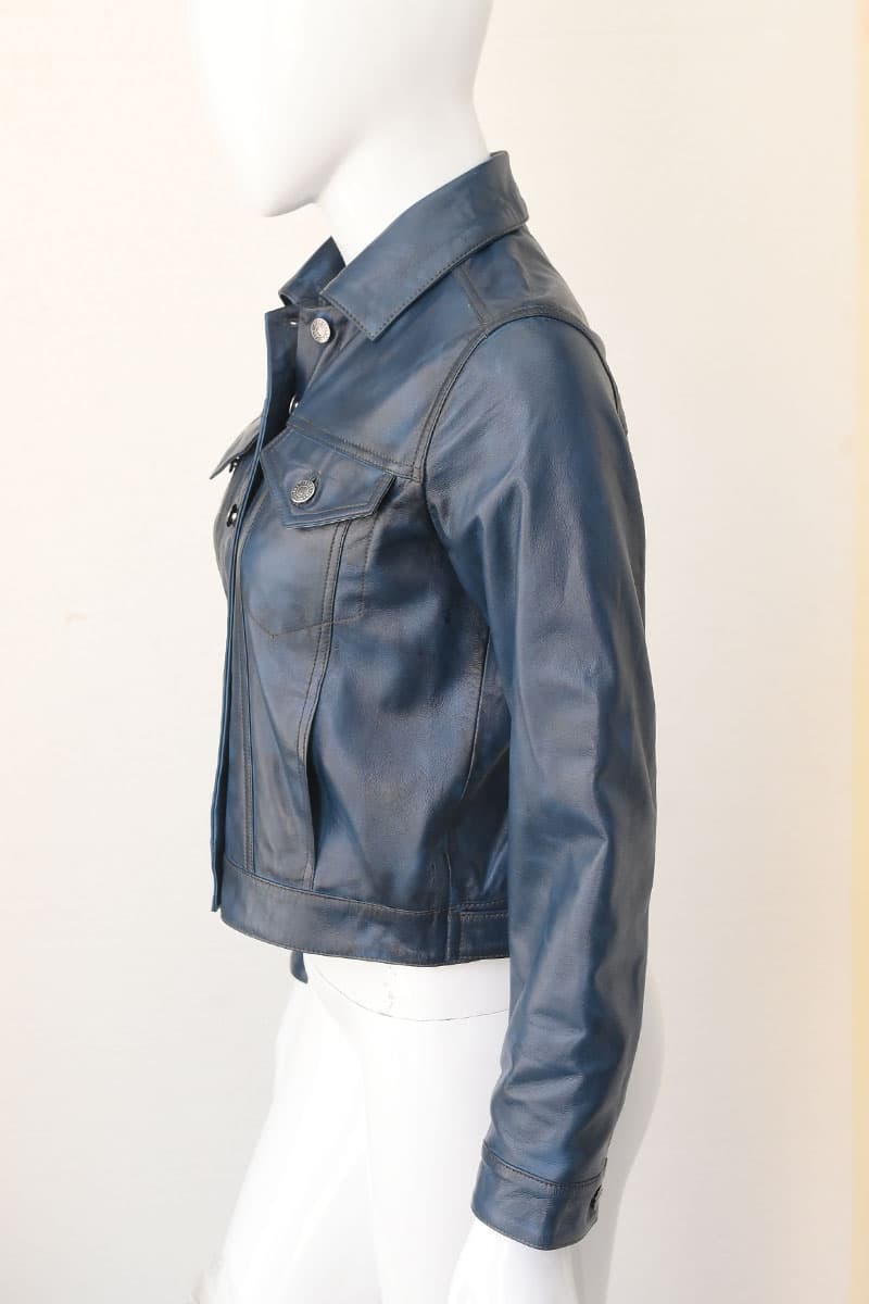 Women's Slim Fit Leather Biker Jacket — Black, Light Blue, Steel Blue