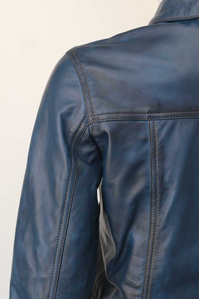Women's Slim Fit Leather Biker Jacket — Black, Light Blue, Steel Blue