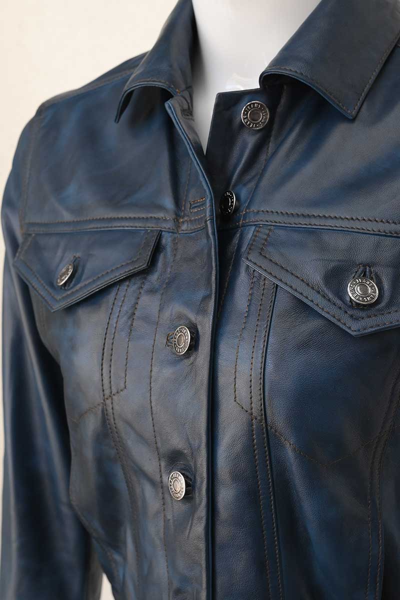 Women's Slim Fit Leather Biker Jacket — Black, Light Blue, Steel Blue