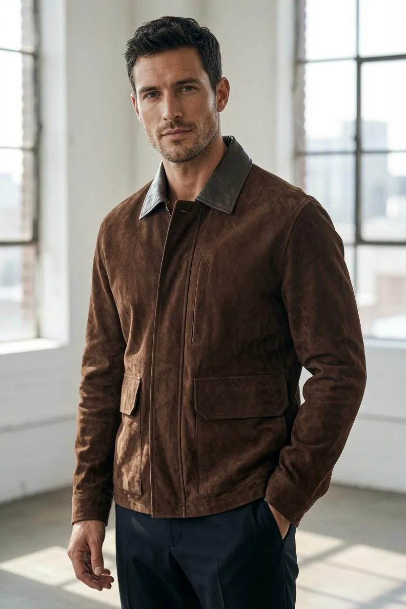 Men's Brown Suede Bomber Jacket — Chocolate Contrast Collar Zip-Up Leather outerwear