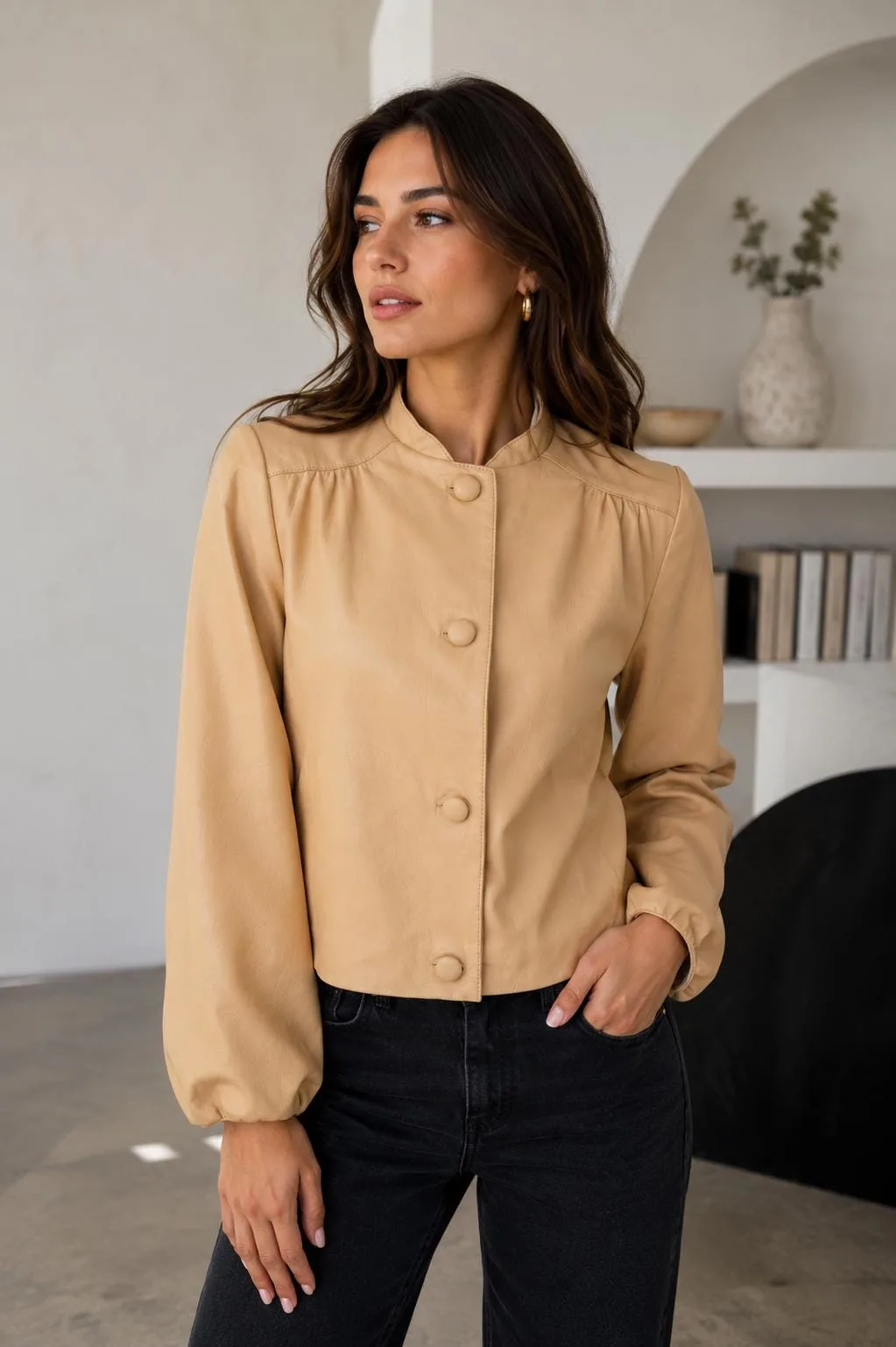 Minimalist Leather Jacket with Button Closure — Pink & Beige