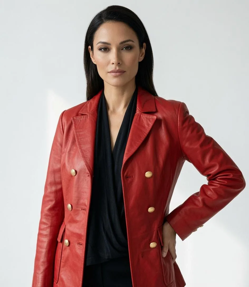 Women's Red Genuine Leather Double-Breasted Blazer Jacket | Gold Buttons, Tailored Fit