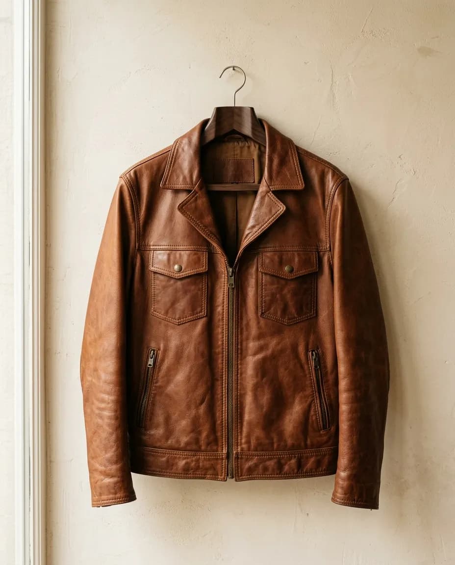 Cognac leather jacket on a wooden hanger against a cream wall