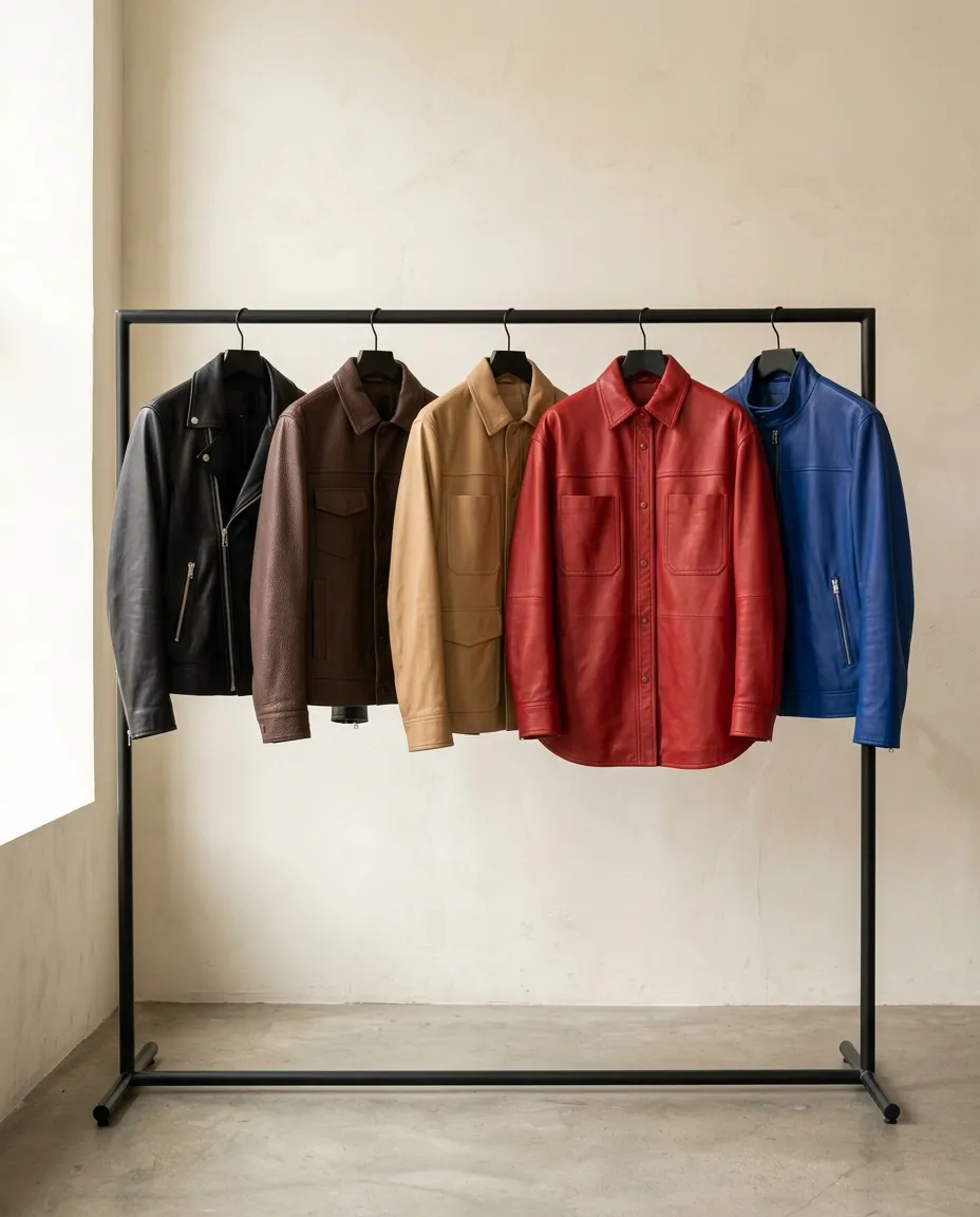 Black, brown, camel, red and cobalt blue leather jackets on a clothing rail