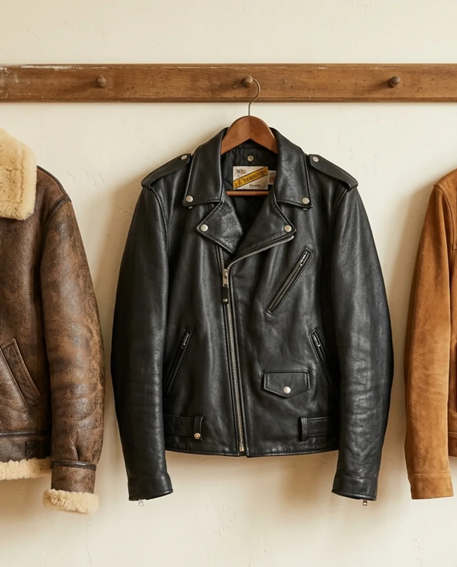 Black leather biker jacket on a wooden hanger against a cream wall