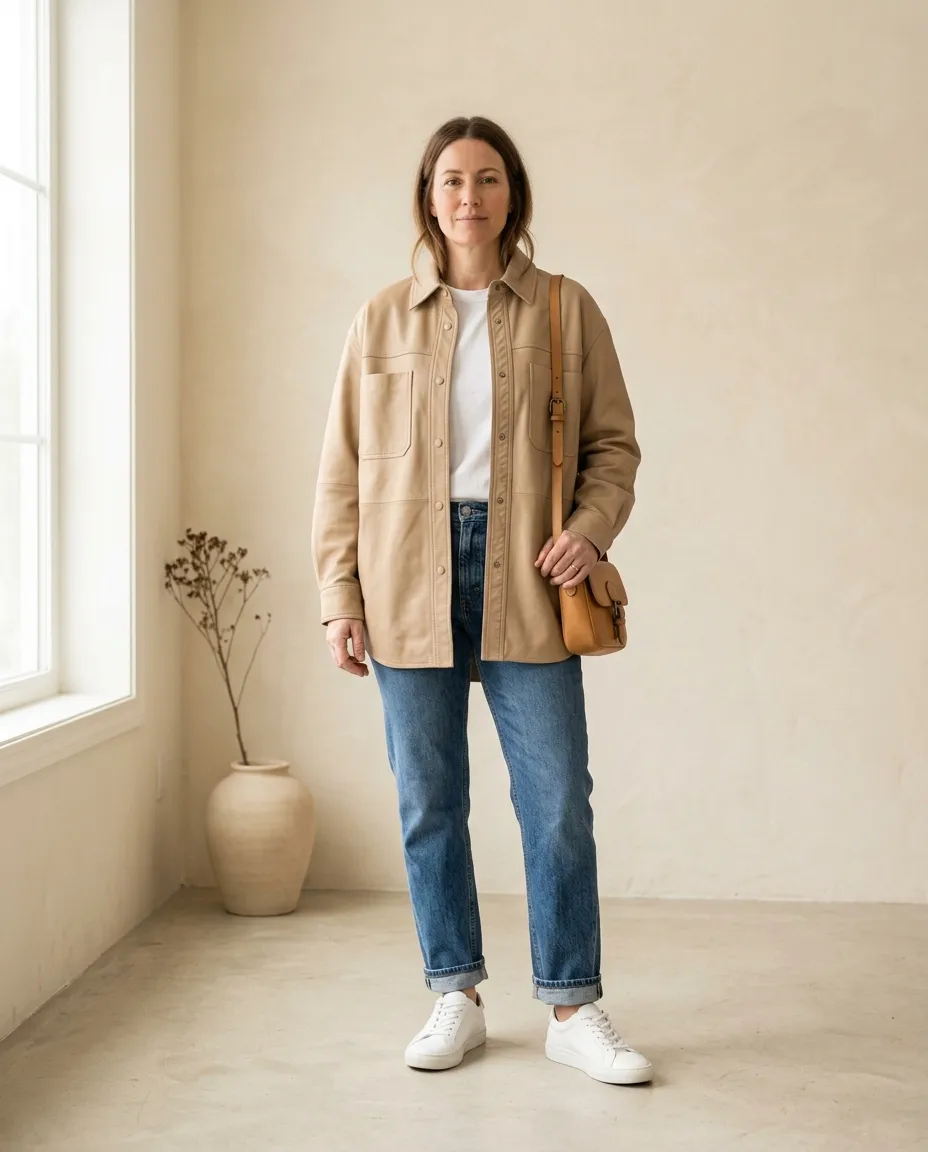 Woman in a beige shacket with a white tee, blue jeans and white sneakers