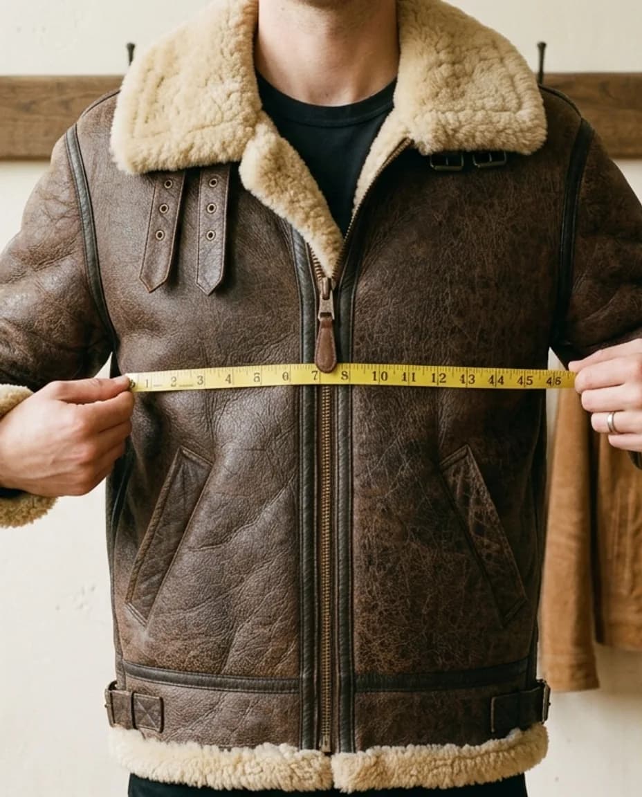 Person in a brown leather jacket having a tape measure held across the chest