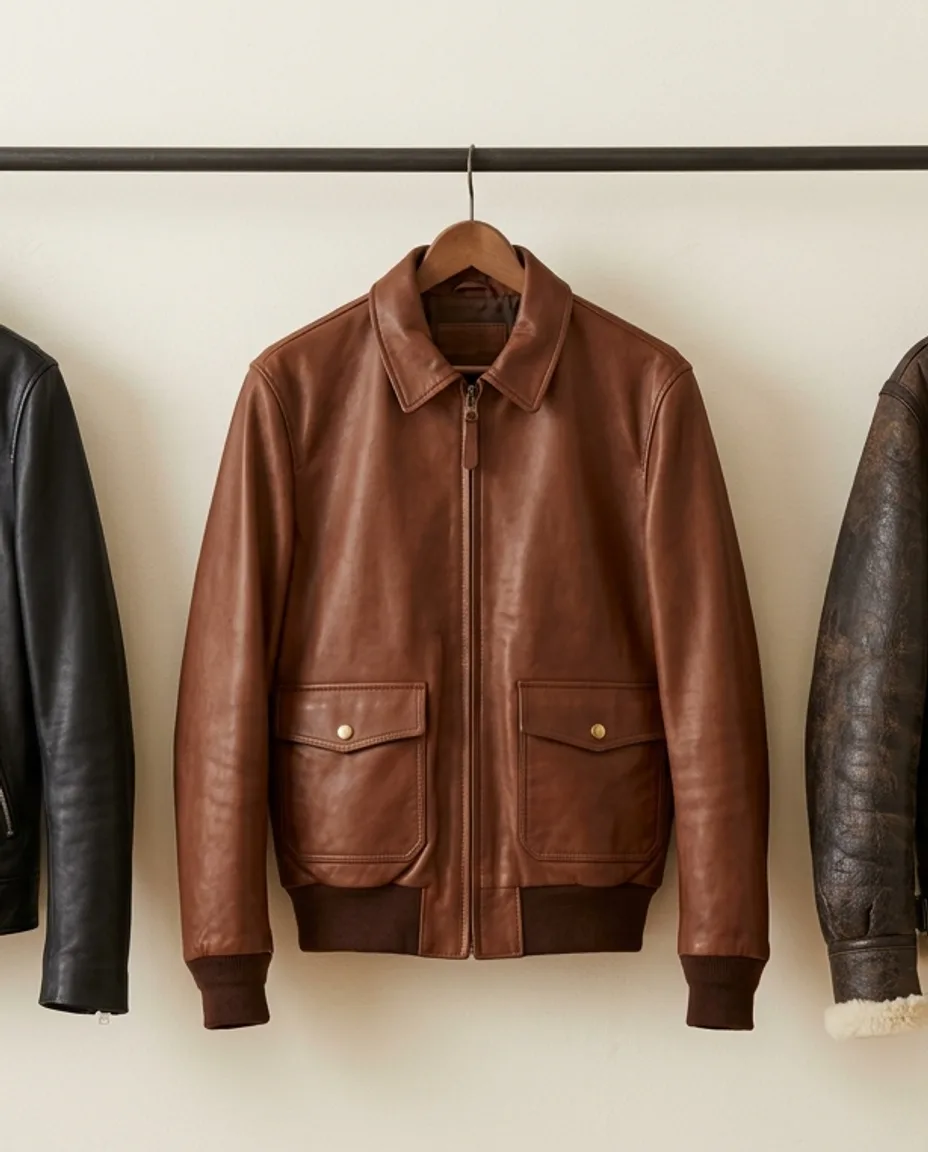 Brown leather bomber jacket with a ribbed hem on a hanger against a cream wall