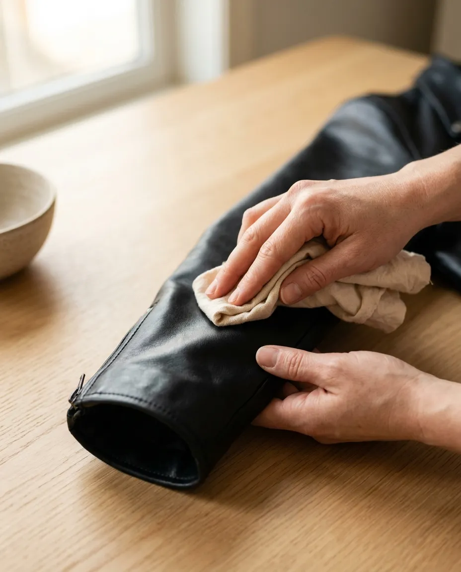 Hands wiping a black leather sleeve with a soft cotton cloth