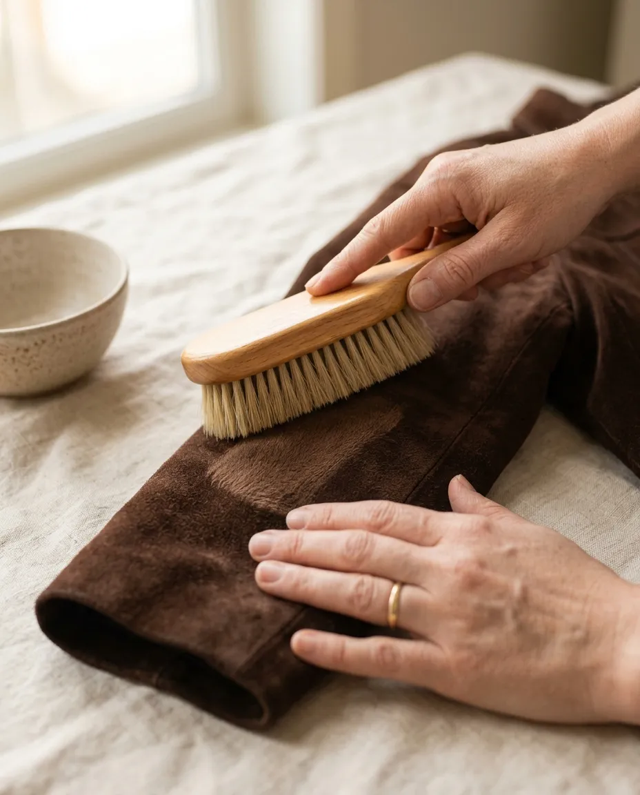 Soft brush being brushed over a brown suede sleeve