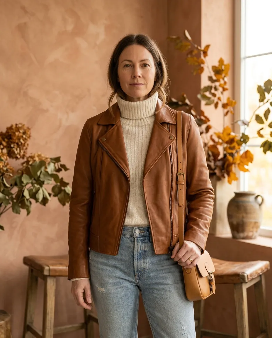 Woman in a cognac leather jacket with a cream turtleneck and light blue jeans