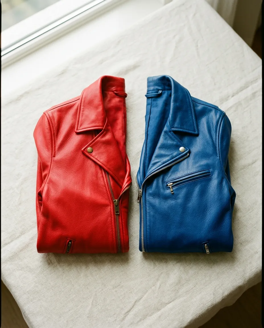 Red and cobalt blue leather jackets folded side by side on cream linen