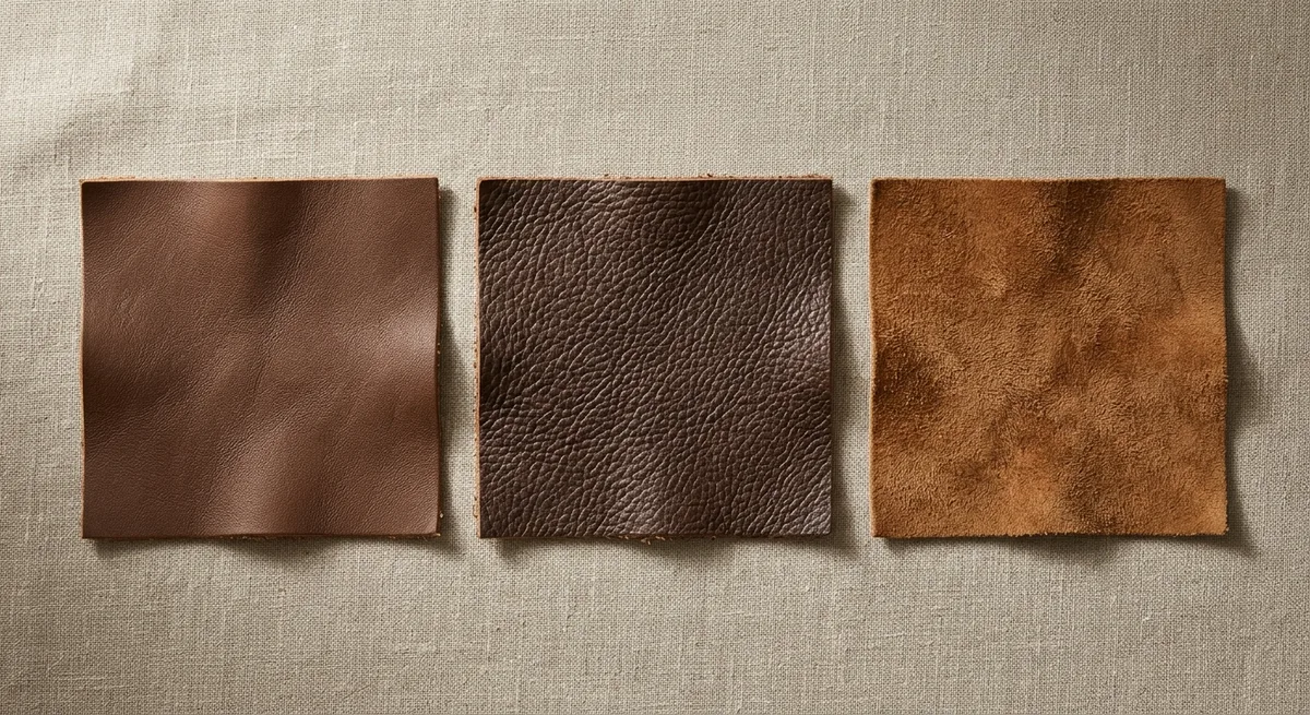 Close-up of three leather swatches on linen: smooth sheepskin, grained cowhide and napped suede
