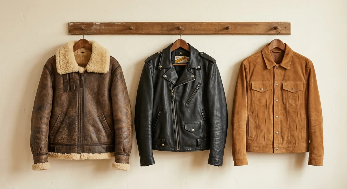 Brown sheepskin aviator, black cowhide biker and tan suede jacket hanging side by side on a wooden rail against a cream wall