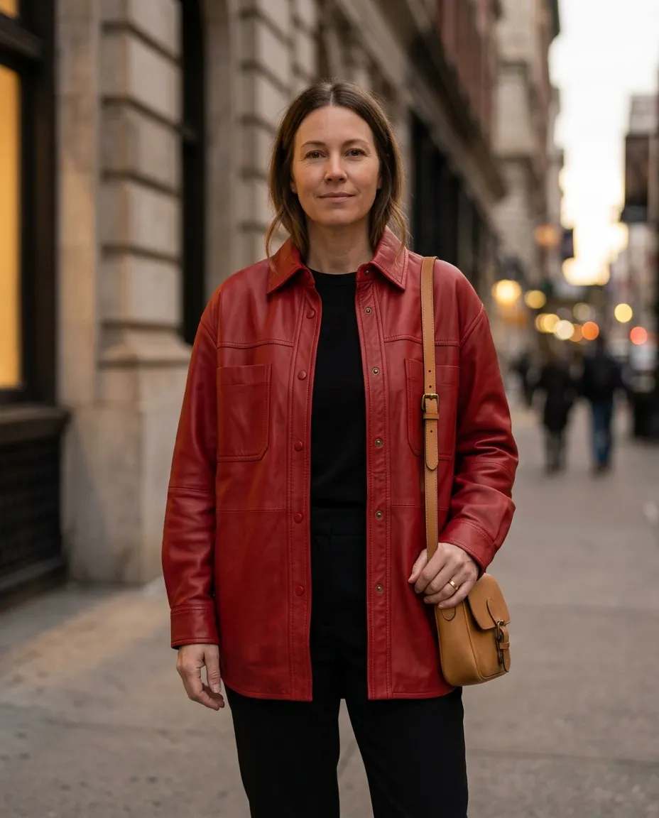 Woman in a red leather shirt jacket over an all-black outfit on a city street at dusk