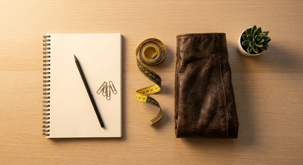 Measuring tape, notebook and pencil laid on a wooden table beside a folded leather sleeve