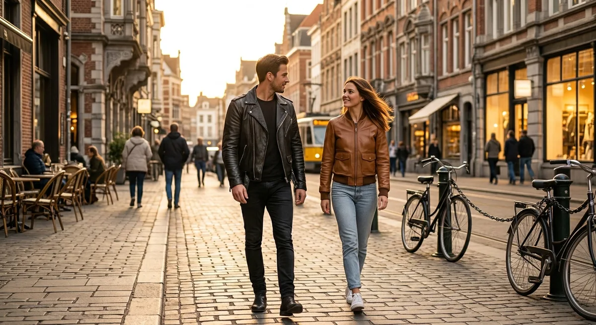 Man in a black leather biker jacket and woman in a tan bomber jacket walking down a city street