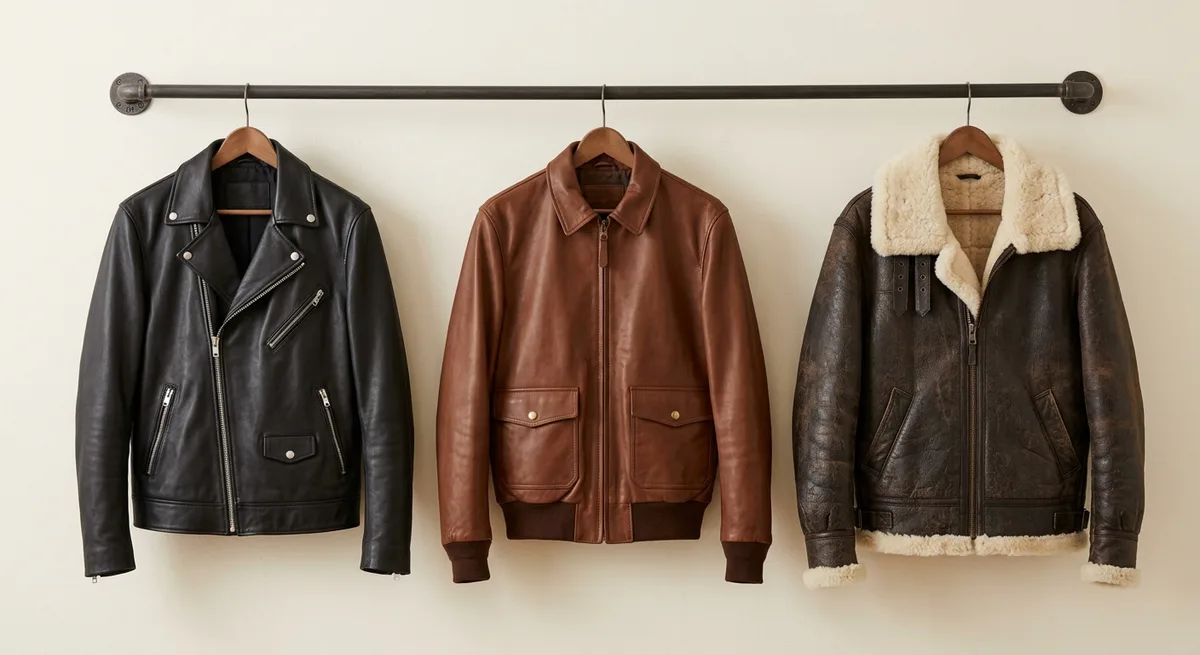A black biker jacket, a brown bomber jacket and a shearling-collar aviator jacket hanging in a row against a cream wall